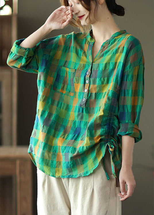 Green Loose Plaid Drawstring Fall Long Sleeve Shirt