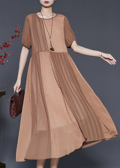 Khaki Patchwork Cotton Silk Pleated Dress Summer