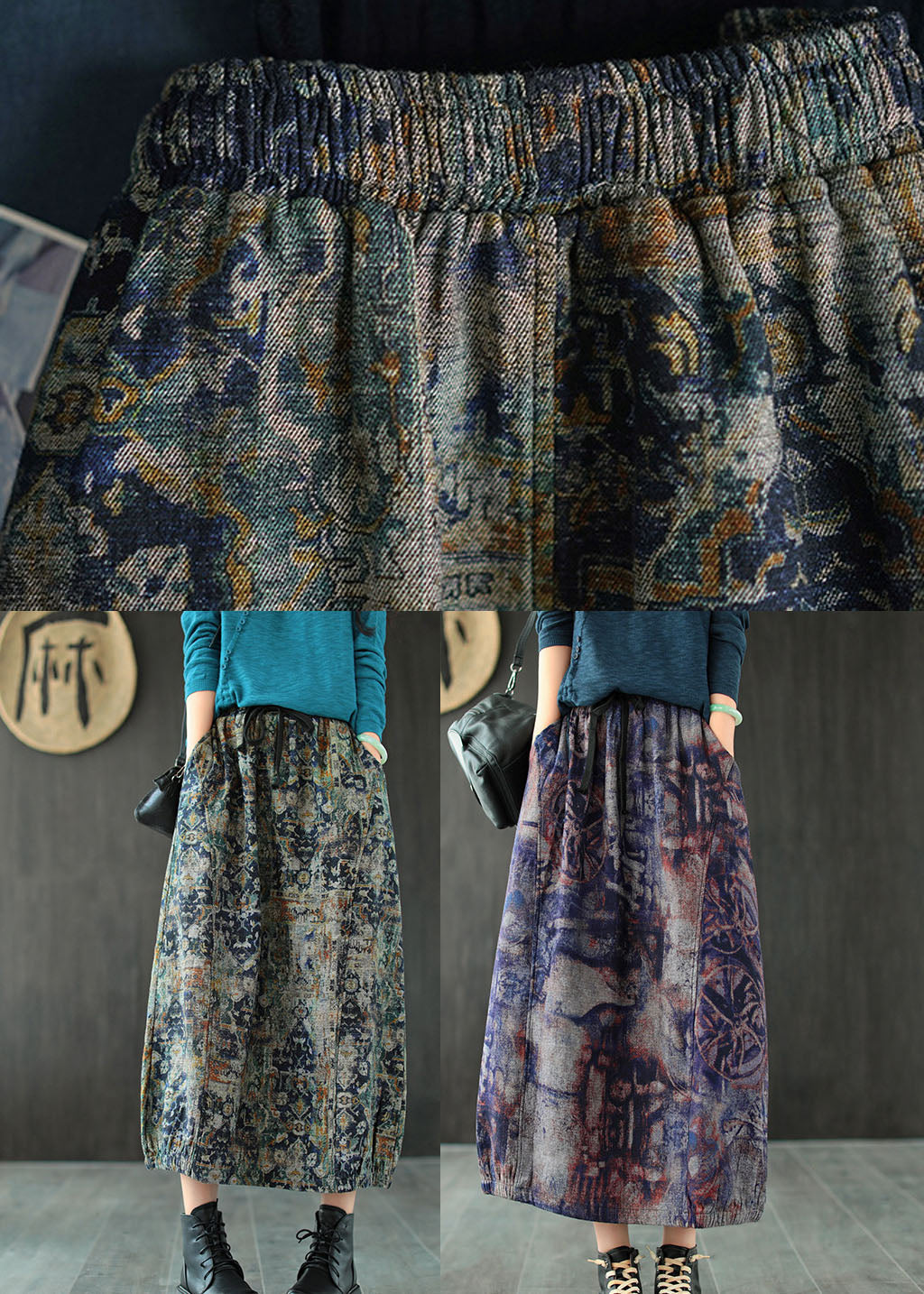 Blue Tie Dye Linen a Line Skirts Elastic Waist Pockets Summer