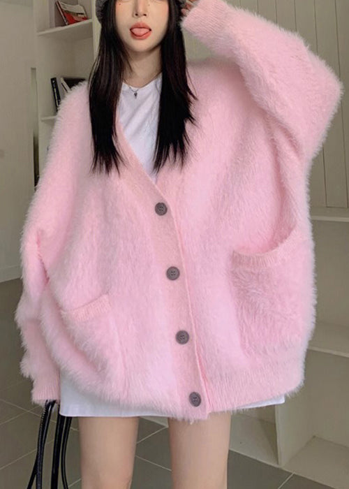 Loose Pink V Neck Button Knit Cardigan Fall