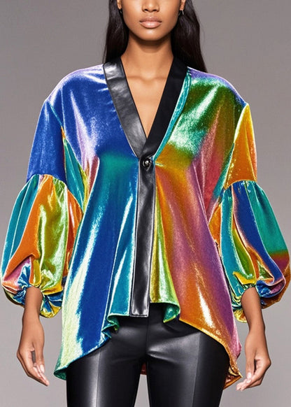 Stylish Rainbow V Neck Patchwork Silk Velour Shirt Top Lantern Sleeve