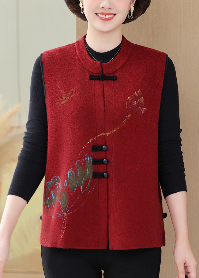 Red Embroidered Knit Waistcoat Sleeveless