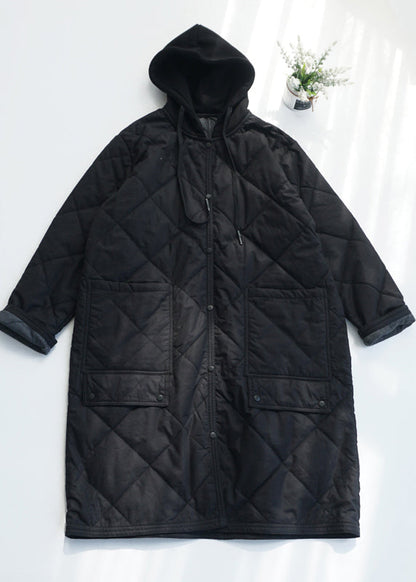 Army Green Pockets Fine Cotton Filled Hooded Coat Fall