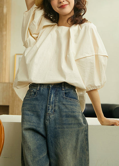 Blue O Neck Cotton Shirts Lantern Sleeve
