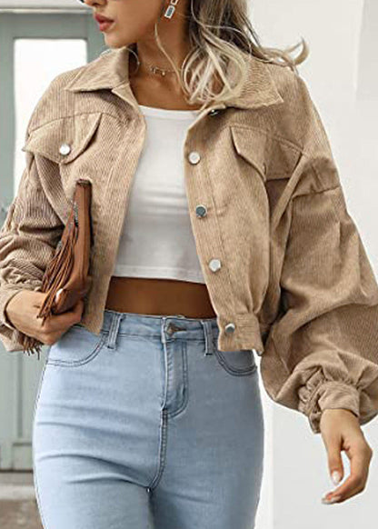 Light Camel Peter Pan Collar Corduroy Short Coat Fall