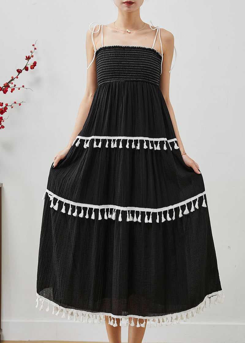 Black Tasseled Cotton Summer Spaghetti Strap Dress
