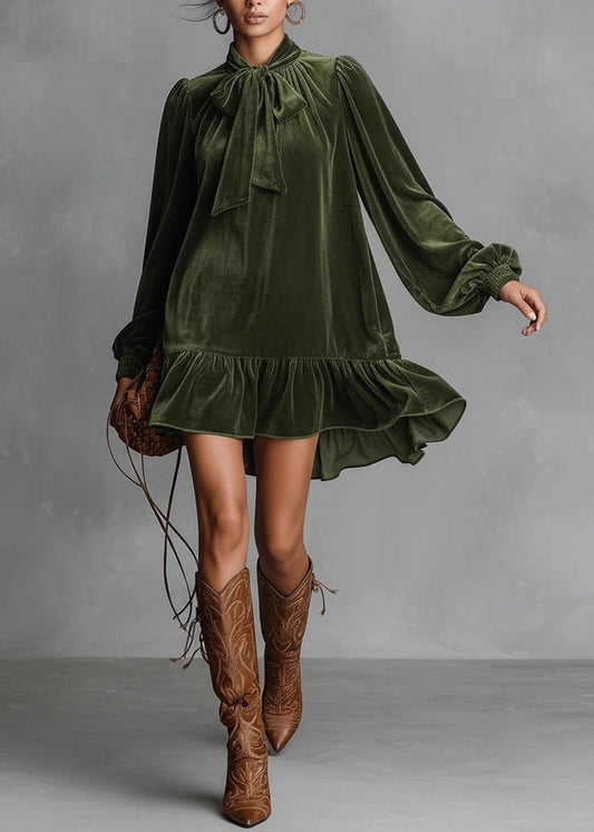 Loose Green Bow Wrinkled Silk Velvet Mid Dress Spring