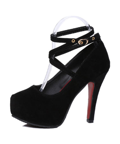 Black High Heels Stiletto Suede Boutique Splicing Buckle Strap