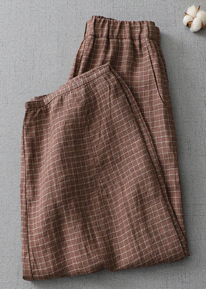 Plaid Pockets Elastic Waist Linen Crop Pants Summer