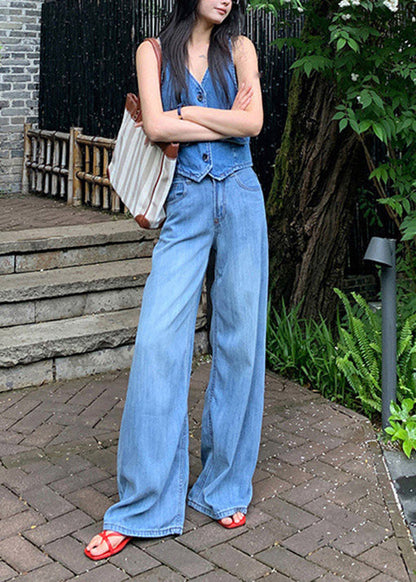 Blue Pockets High Waist Denim Pants Fall