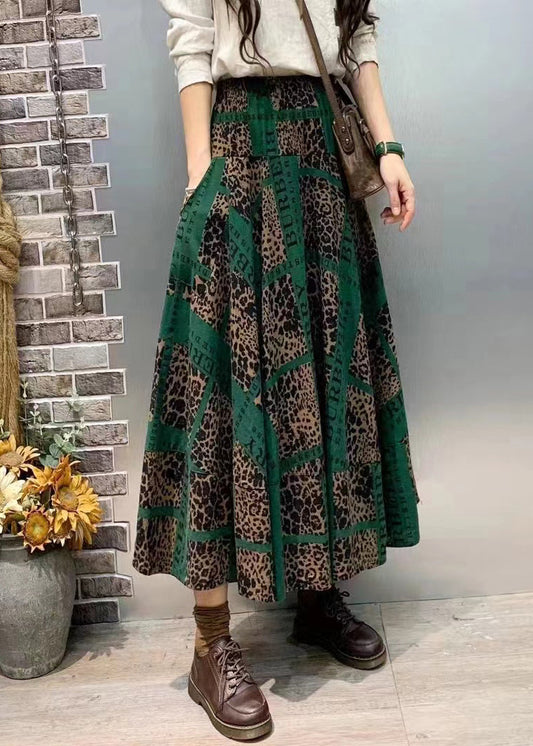 Green Print Pockets Cotton Skirt Fall