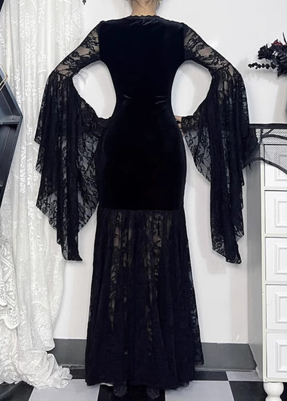 Black V Neck Lace Patchwork Silk Velvet Long Dresses Flare Sleeve