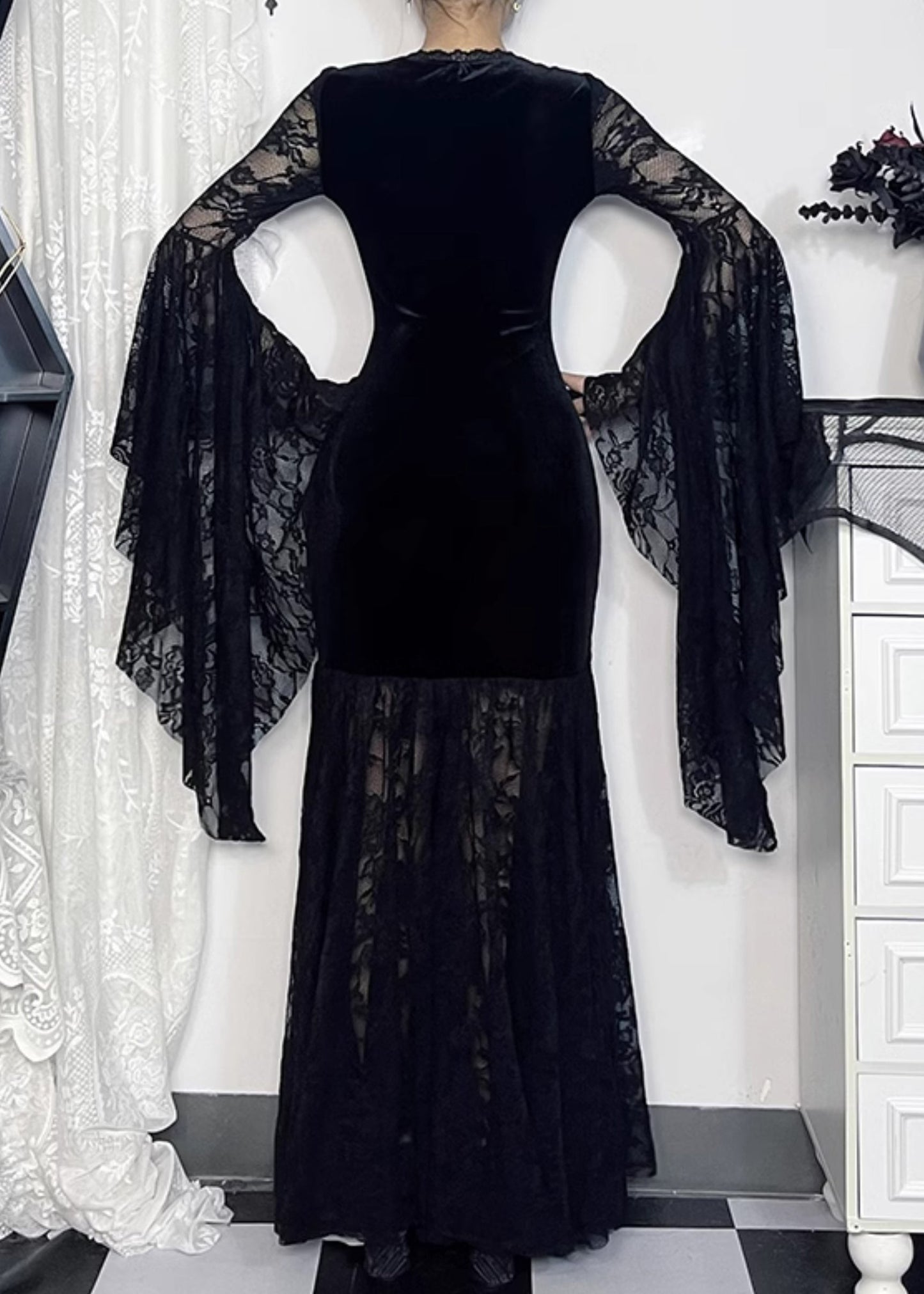 Black V Neck Lace Patchwork Silk Velvet Long Dresses Flare Sleeve