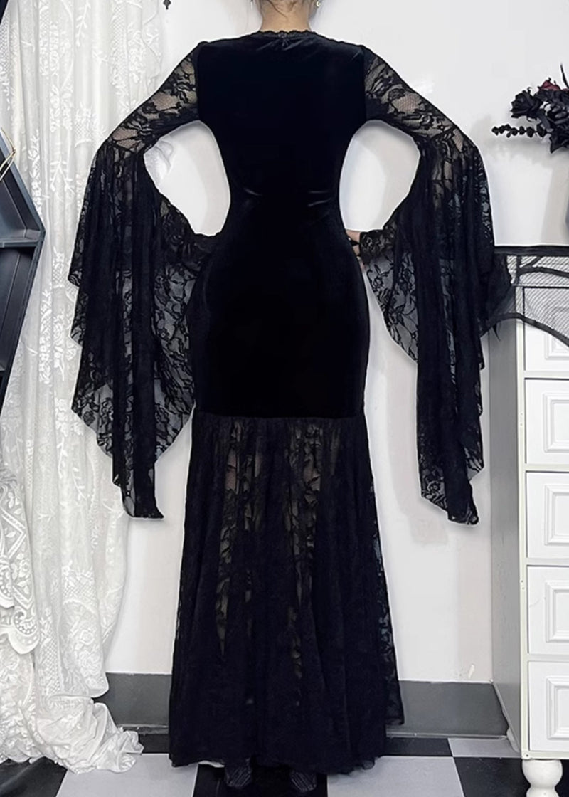 Black V Neck Lace Patchwork Silk Velvet Long Dresses Flare Sleeve
