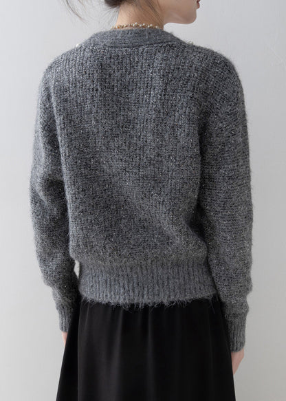 Boutique Dark Grey V Neck Nail Bead Knit Cardigan Spring