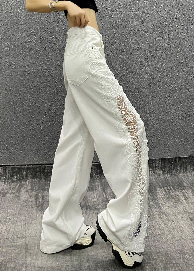 New White Pockets Hollow Out Patchwork Denim Straight Pants Fall
