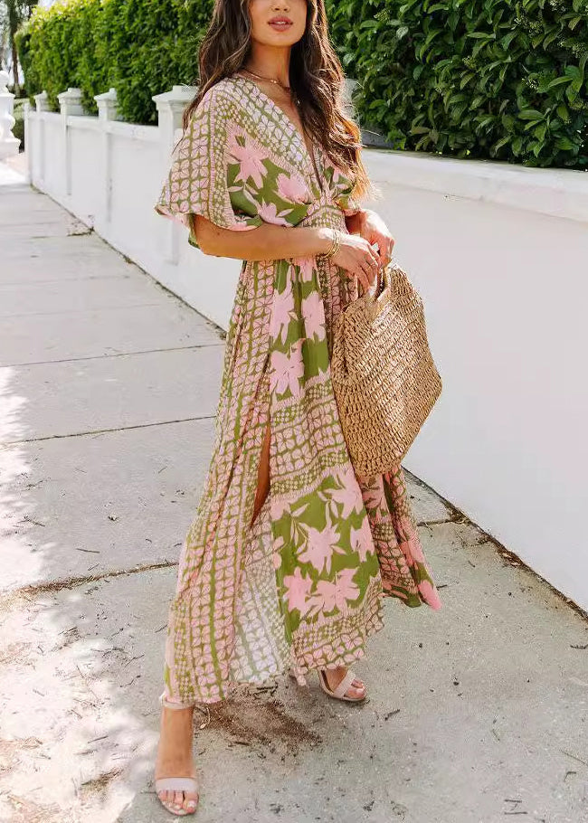 V Neck Print Side Open Chiffon Vacation Dresses Batwing Sleeve