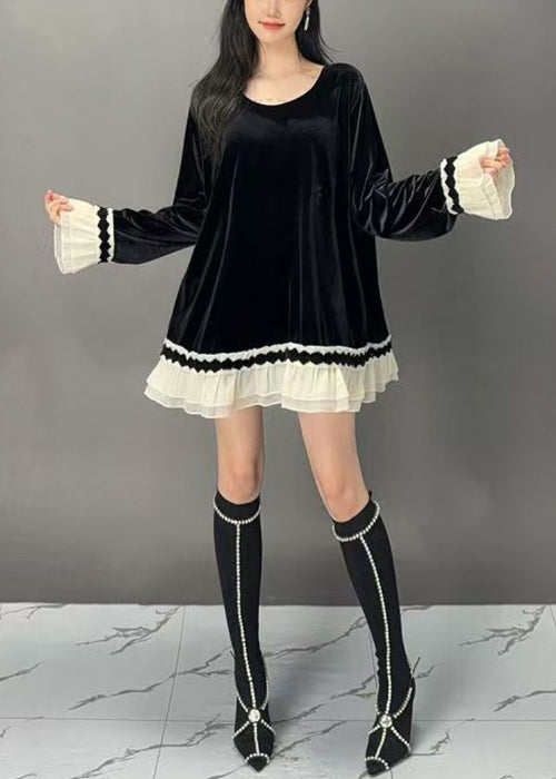 New Black O-neck Patchwork Silk Velour Tops Flare Sleeve