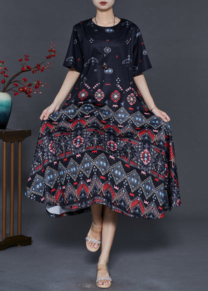 Black Print Exra Large Hem Silk Dresses Summer