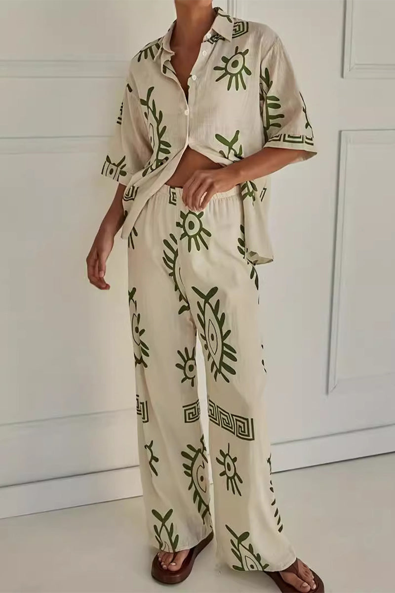 Geometric Print Buttons Turndown Collar Short Sleeve Two Pieces