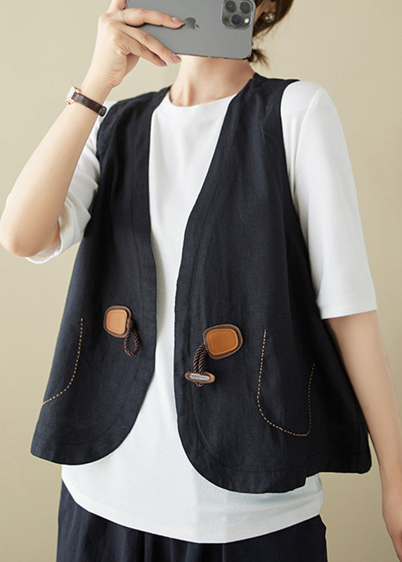 Khaki V Neck Horn Button Cotton Vest Sleeveless