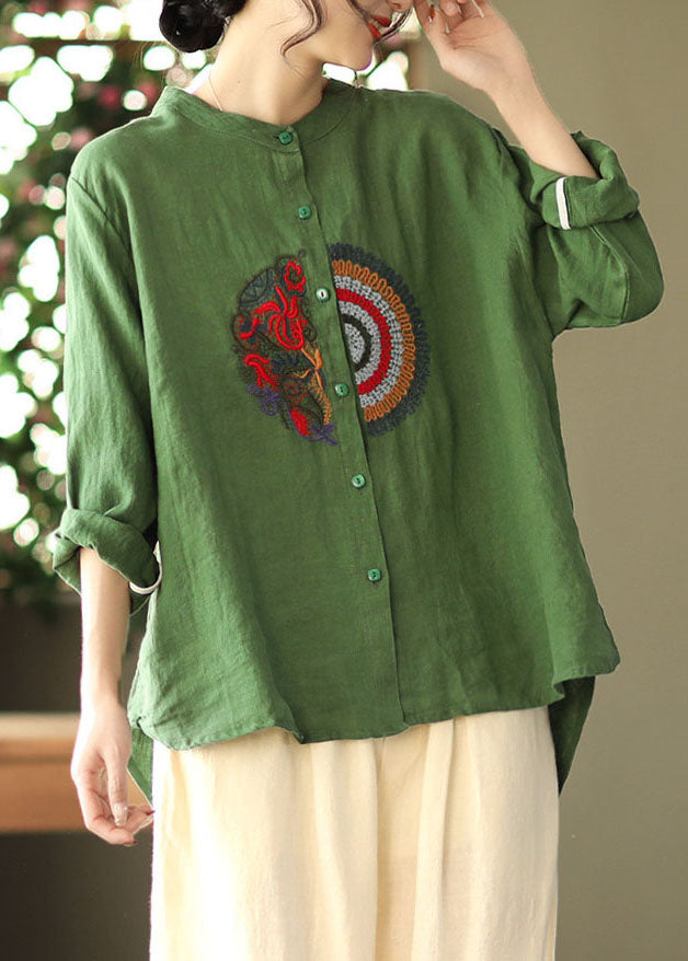 Green Embroidered Asymmetrical Design Linen Shirts Spring