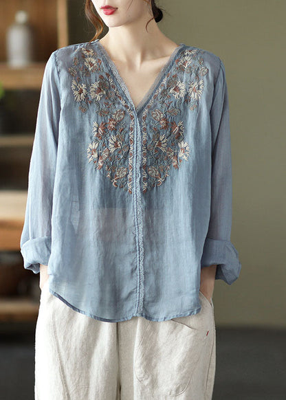 Stylish Lake Blue Embroidered Linen Blouse Tops Long Sleeve