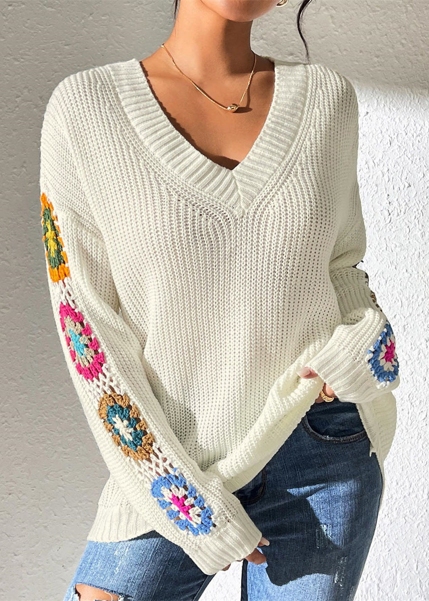 New White V Neck Hollow Ou Embroidered Knit Pullover Spring