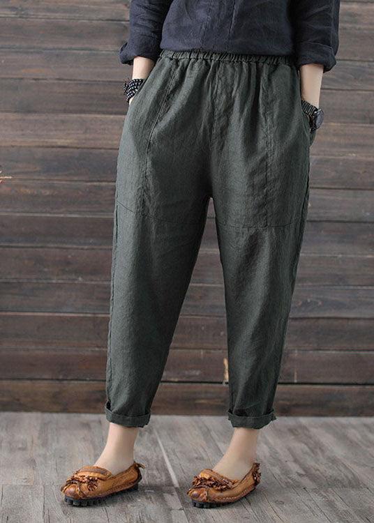 Handmade Army Green Elastic Waist Linen Harem Pants Summer