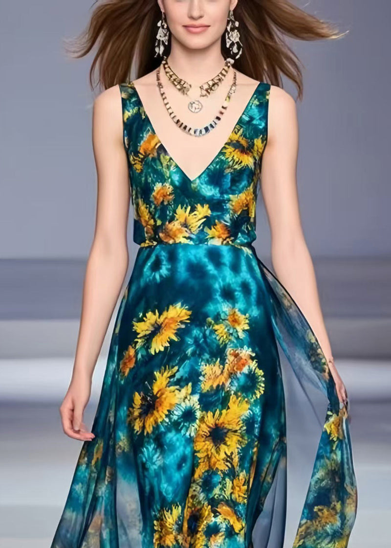 Peacock Blue Chrysanthemum Print Chiffon Dress Summer