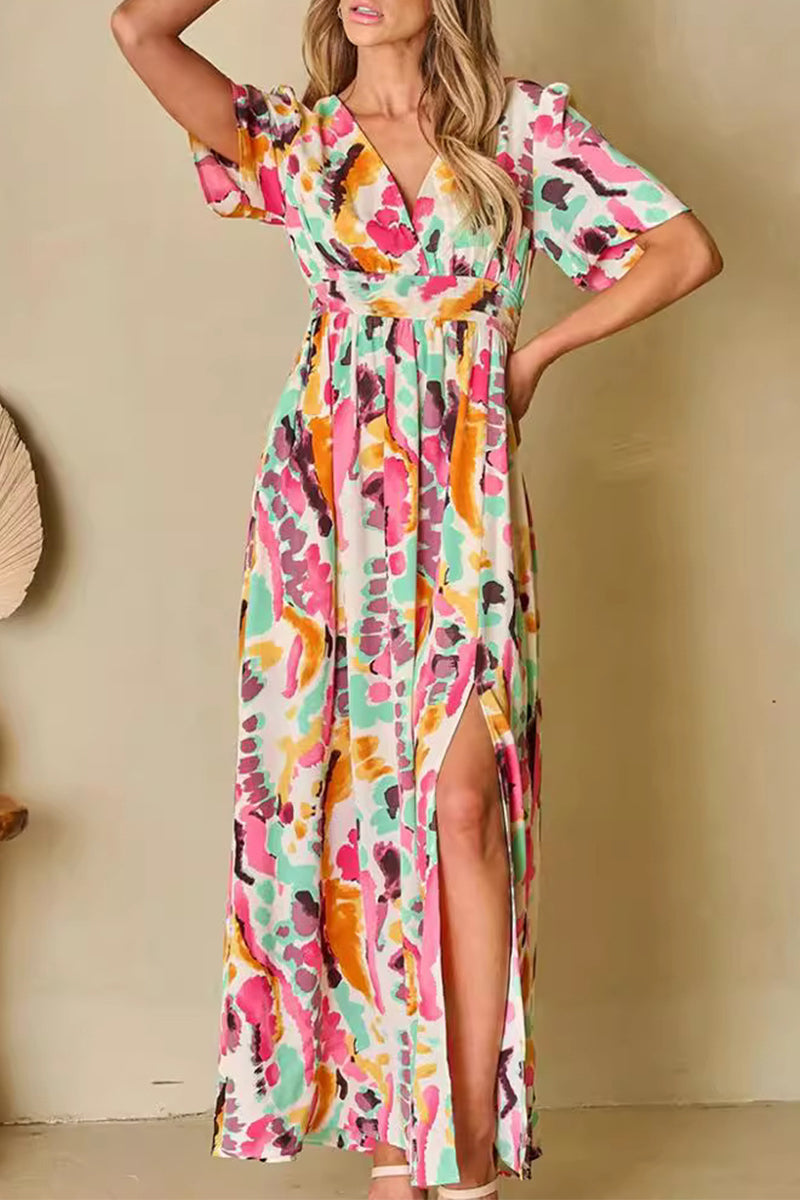 Print Color Block Backless Contrast V Neck a Line Dresses