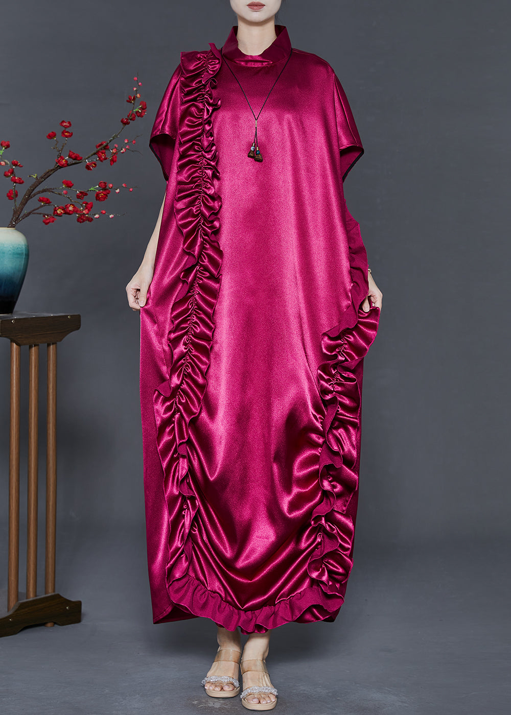 Diy Mulberry Stand Collar Ruffled Silk Dresses Summer