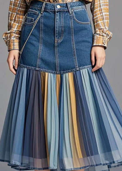 Blue Patchwork Rainbow Striped Denim Skirt Fall