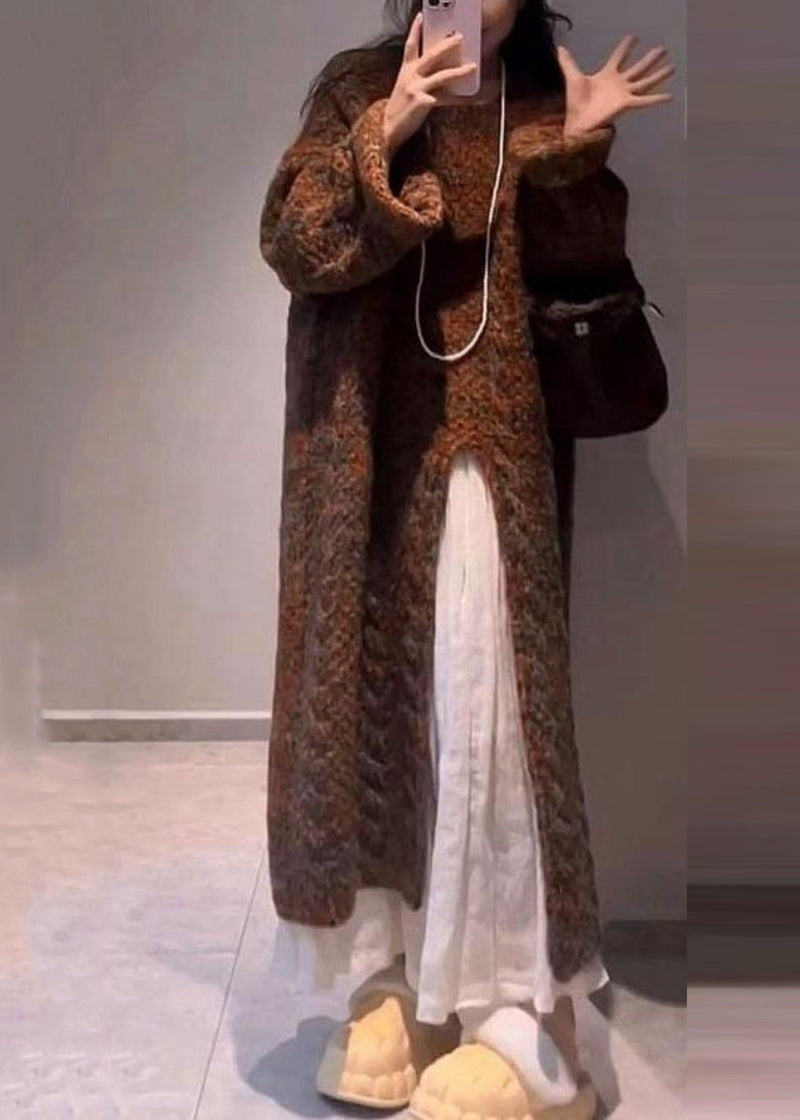 Handmade Coffee O-neck Asymmetrical Cotton Knit Long Sweaters Winter
