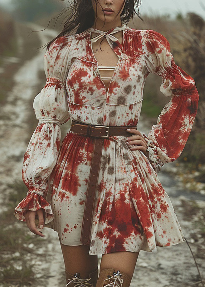 V Neck Tie Dye Pastoral Style Mid Dress Flare Sleeve