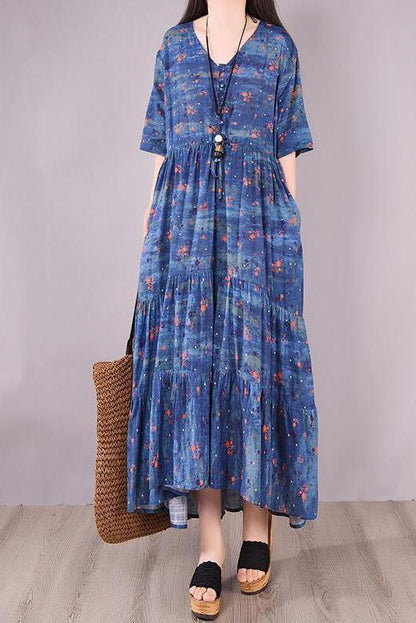 Pleated Lace-up Print Maxi Dress