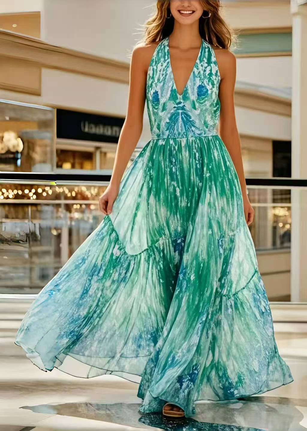 Green Print Exra Large Hem Chiffon Holiday Halter Dress Summer