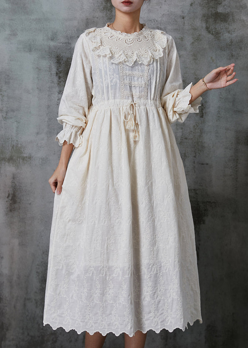 Art Beige Embroidered Patchwork Lace Cotton Cinched Dress Spring