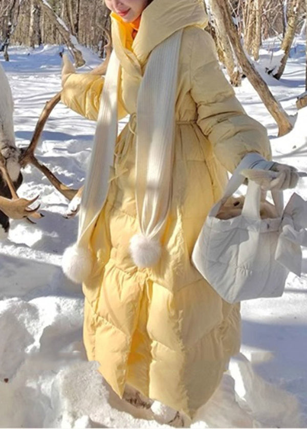 Yellow Hooded Tie Waist Fine Cotton Filled Puffers Jackets Winter