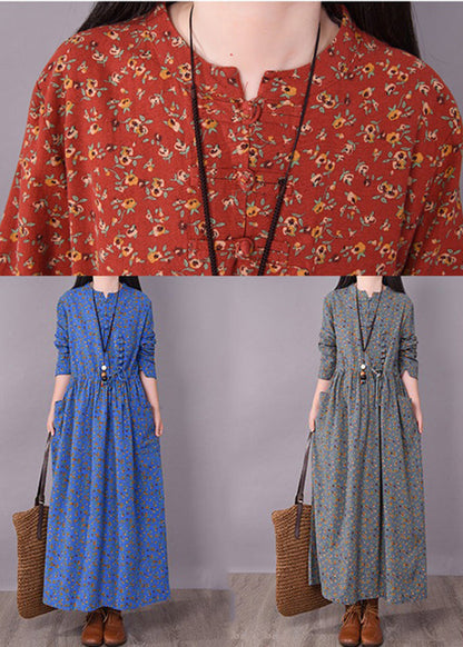 Brick Red Cinched Print Linen Long Dress Long Sleeve