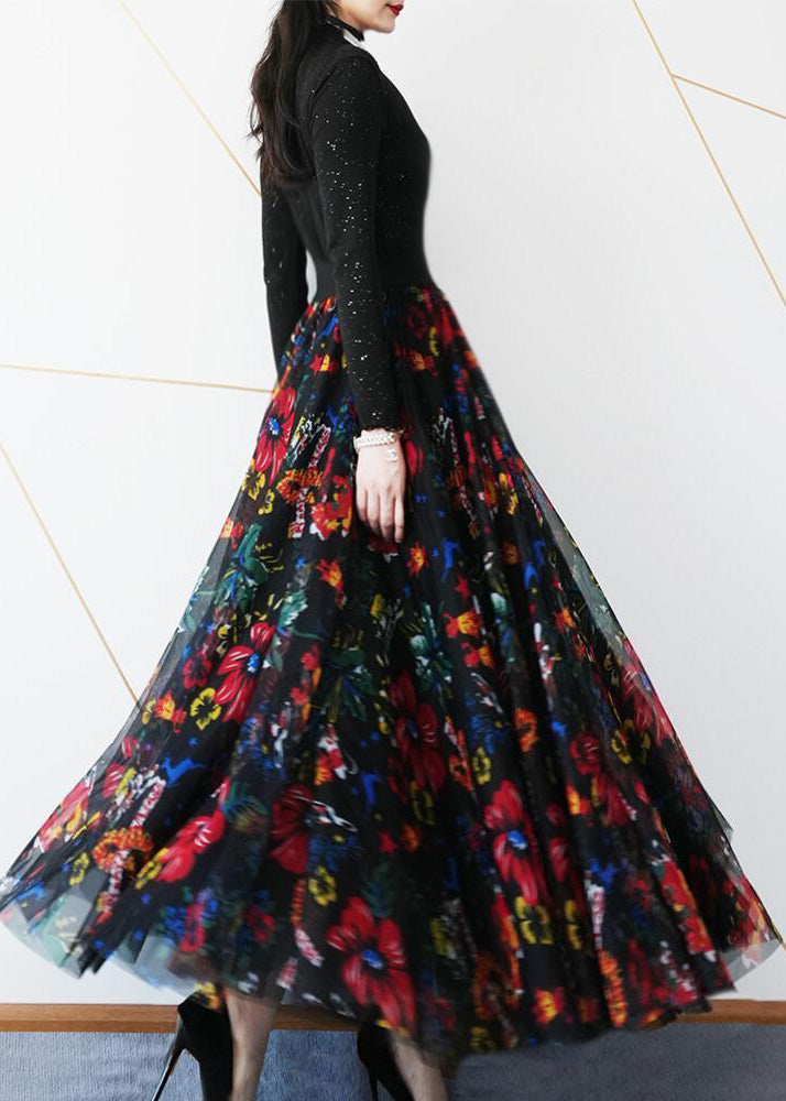 Classy Black Print Exra Large Hem Tulle Skirts Spring