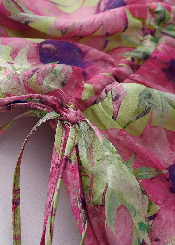 Pink Cinched Print Linen Vacation Dresses Summer