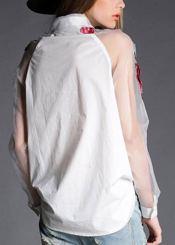 Organza White Peter Pan Collar Embroidered Tulle Patchwork Cotton Shirts Long Sleeve