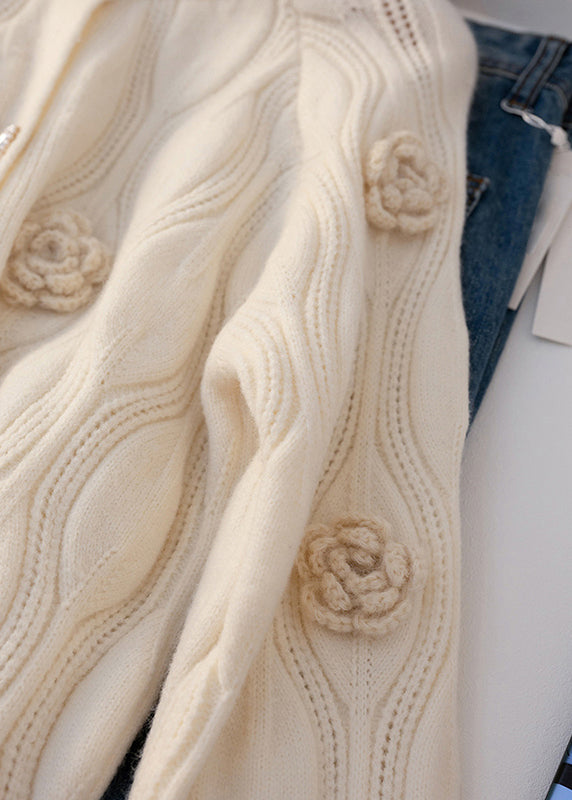 Loose Apricot Button Cotton Knit Coats Long Sleeve