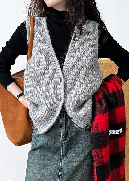 French Grey V Neck Button Knit Vest Sleeveless