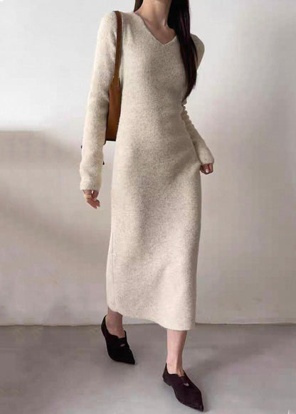 Slim Fit Beige Button Coat and Dresses Knit Three Piece Set Spring
