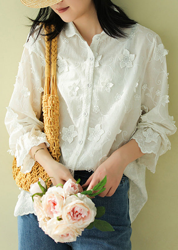 French White Peter Pan Collar Embroidered Button Cotton Shirts Long Sleeve