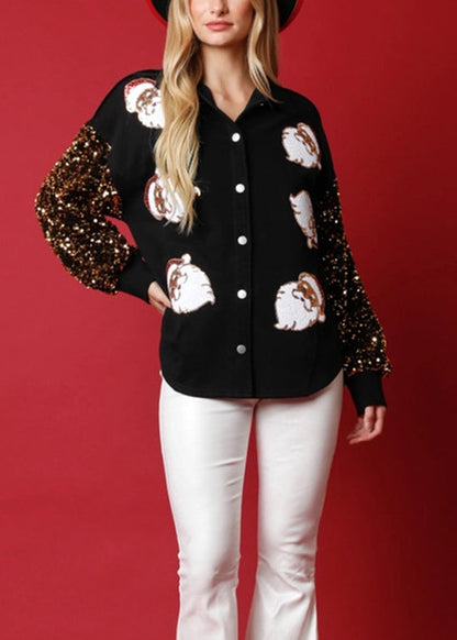 Black Embroidered Santa Claus Patchwork Cotton Shirts Winter