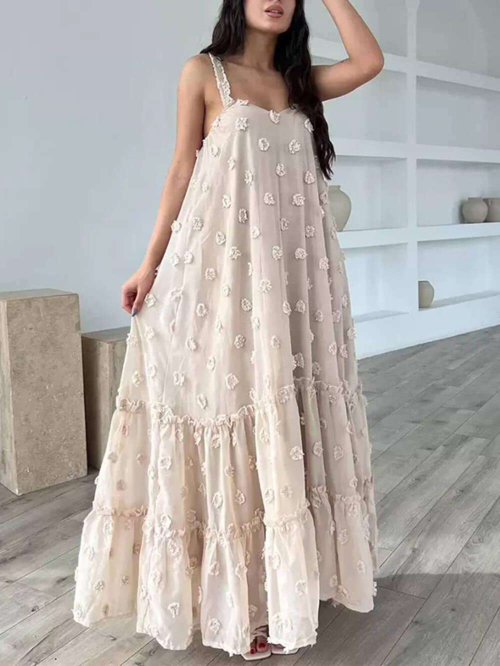 Flower Decor A-line Layered Loose Maxi Dress