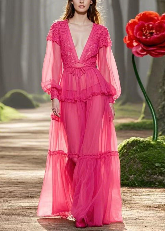 Rose V Neck Ruffled Lace Up Chiffon Long Dresses Spring